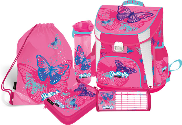 Iskolatáska 5 db-os szett Lollipop Butterfly Pink (iskolatáska, varrott tolltartó, tornazsák, kulacs, hengeres tolltartó)